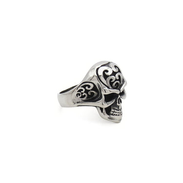 Stainless Steel Skull Ring with Tribal Carved Design